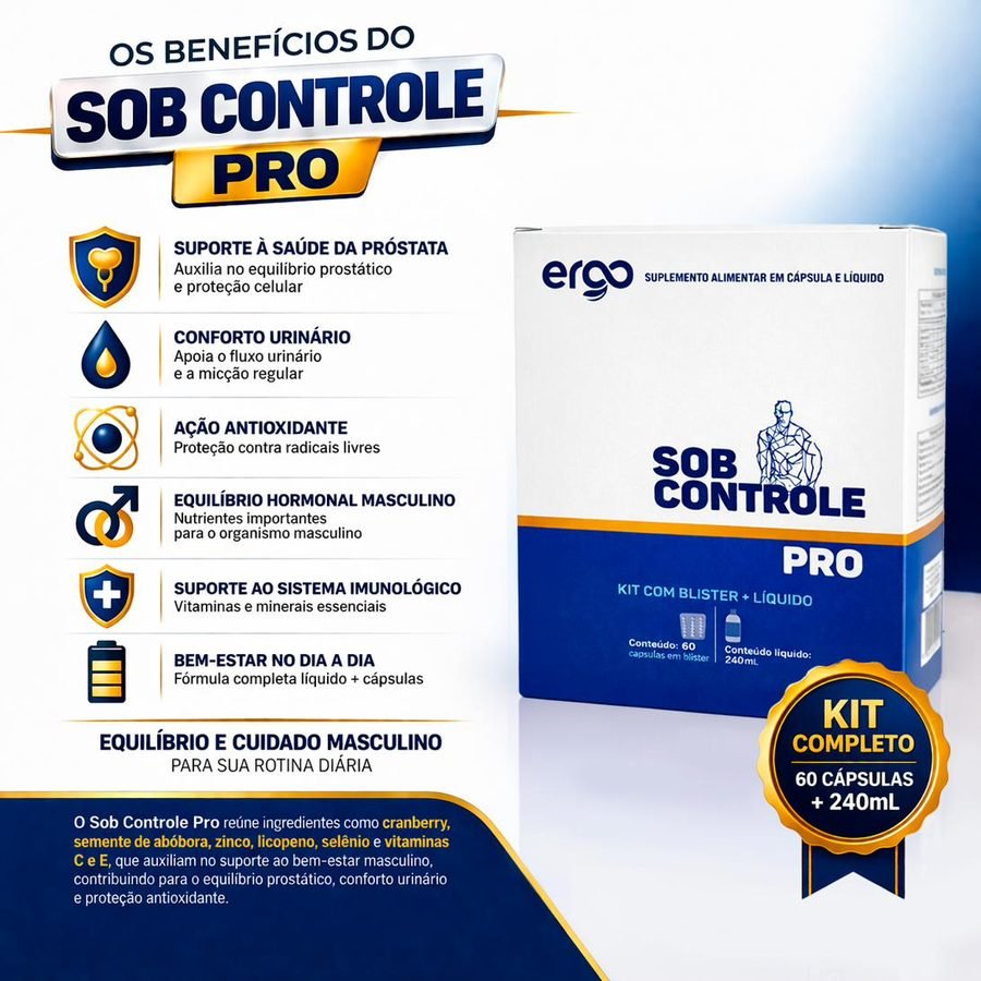 Benefícios do Sob Controle Pro: suporte à próstata, conforto urinário, ação antioxidante, equilíbrio hormonal, sistema imunológico e bem-estar diário